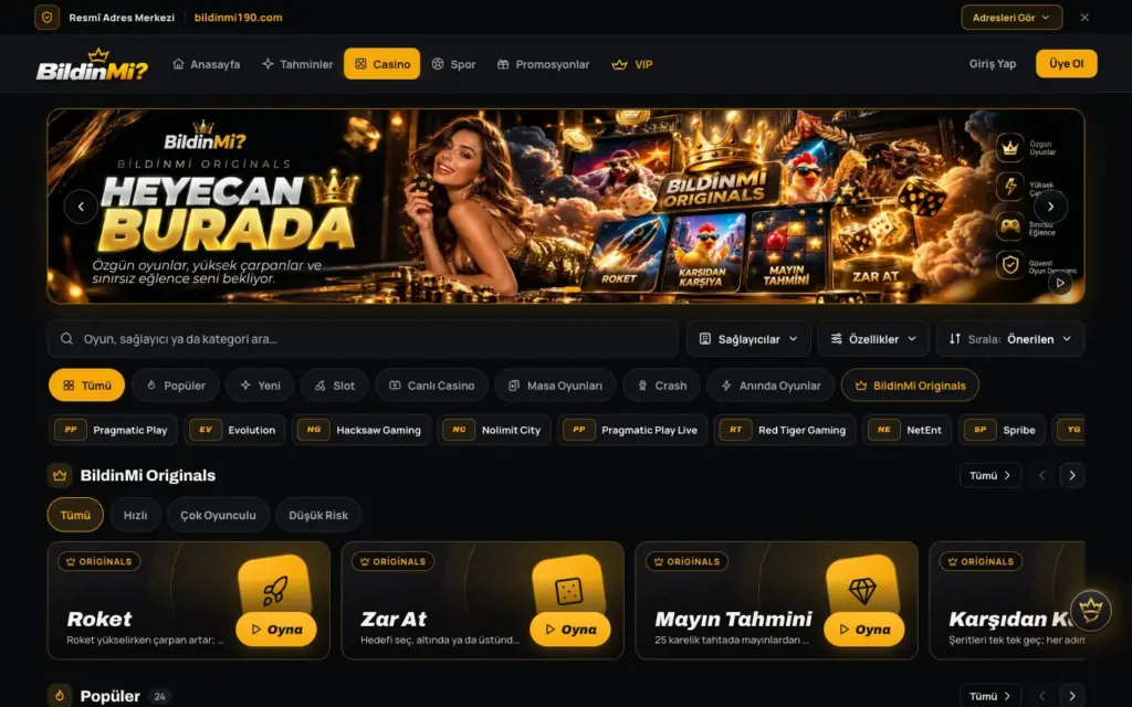 BildinMi casino lobisi: slot ve canlı casino oyun kapakları