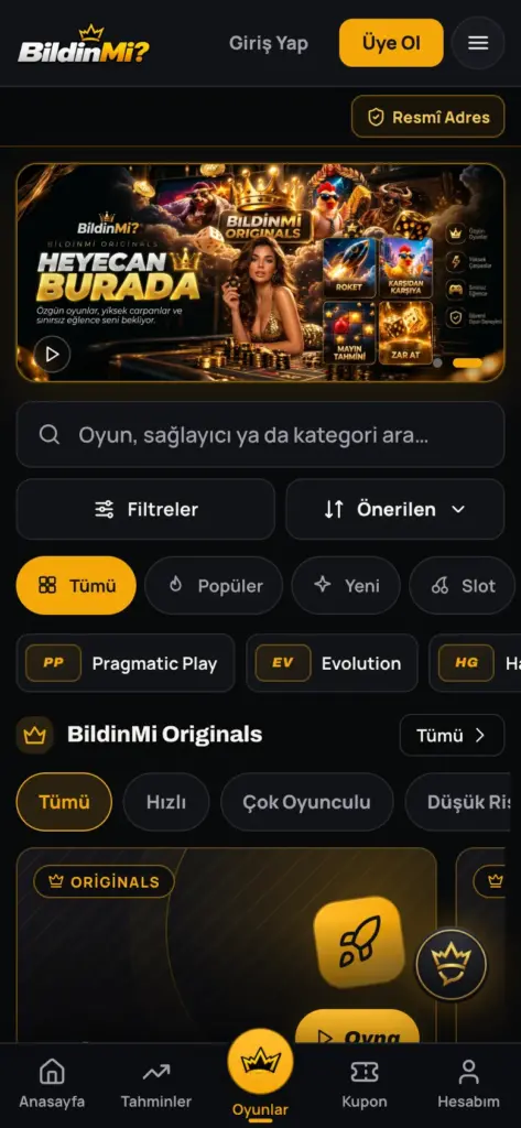 BildinMi casino lobisinin mobil görünümü