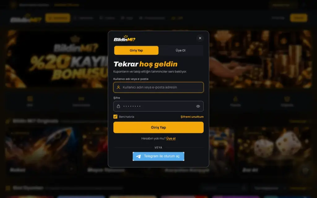 Platformun giriş penceresi: kullanıcı adı veya e-posta, şifre, Beni hatırla ve Telegram ile oturum aç seçenekleri