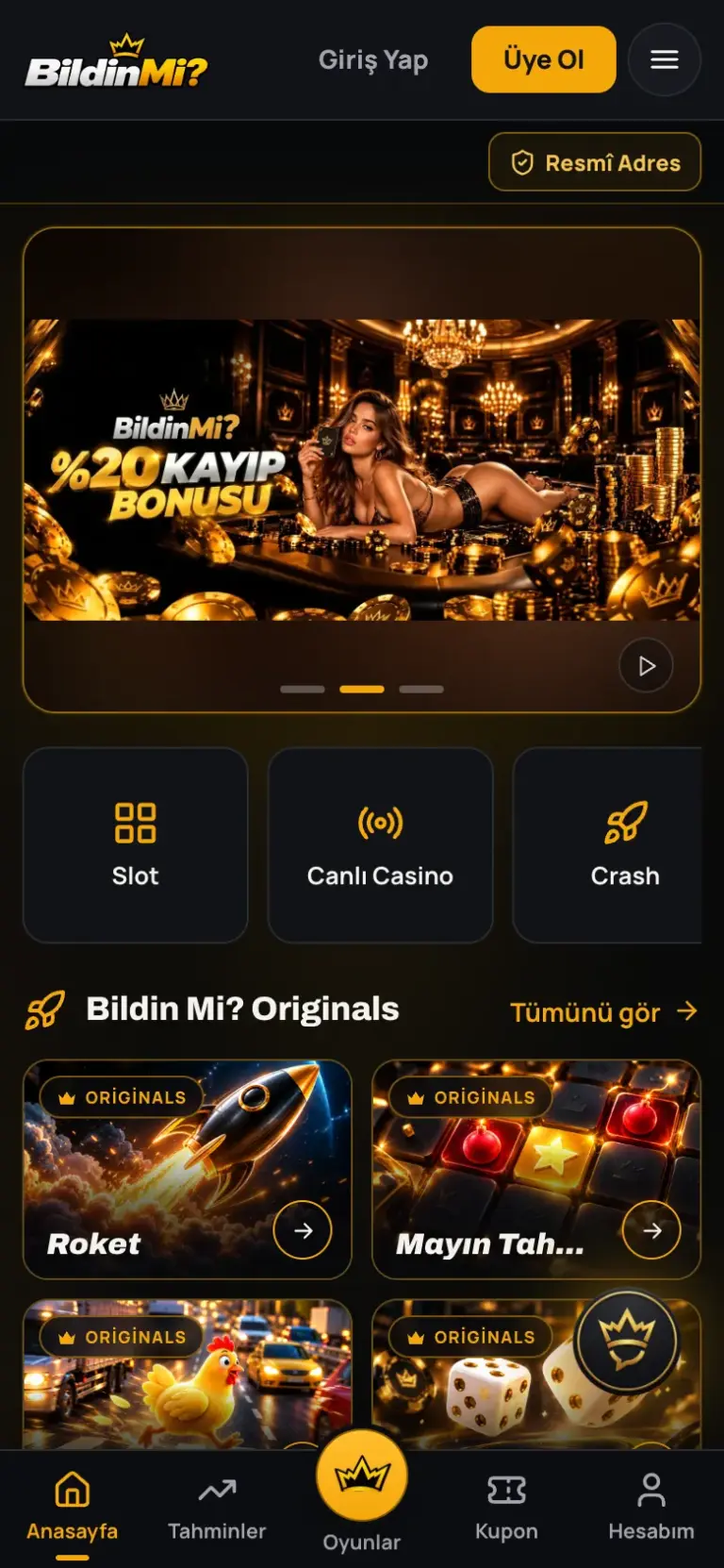BildinMi platformunun mobil ana sayfası: telefon ekranında bölüm menüsü ve kampanya alanı
