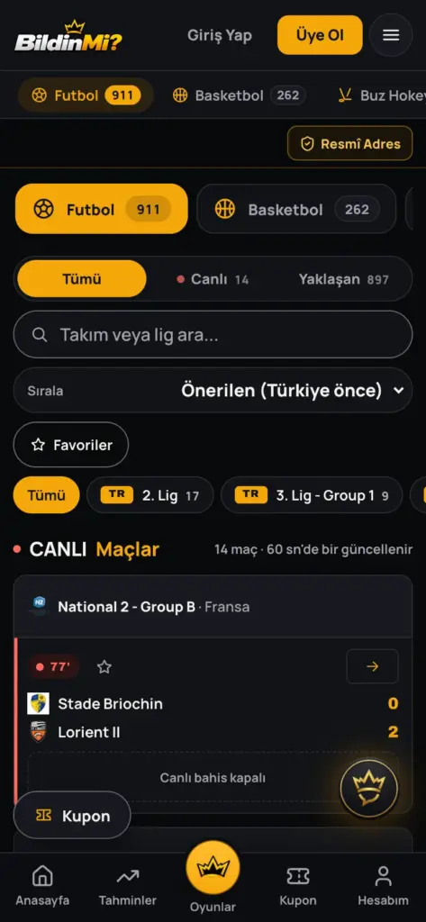 BildinMi spor ekranının mobil görünümü