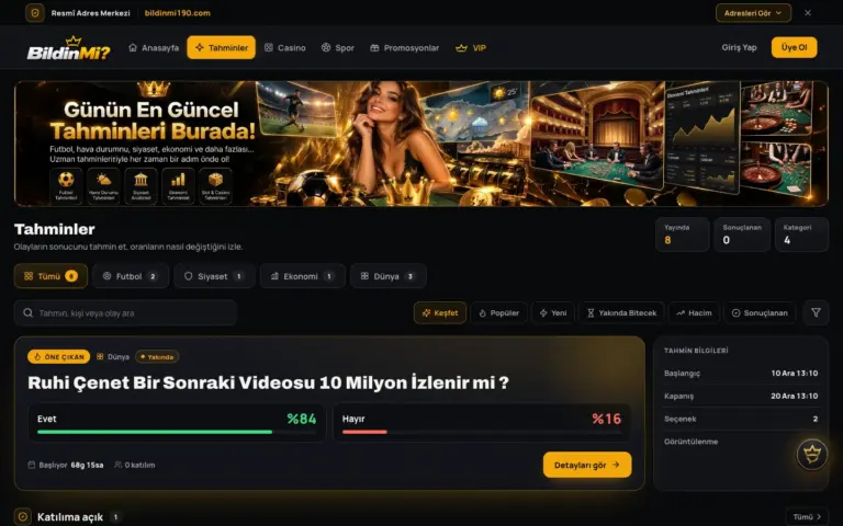 BildinMi tahmin piyasası ekranı: olay başlıkları ve sonuç seçenekleri